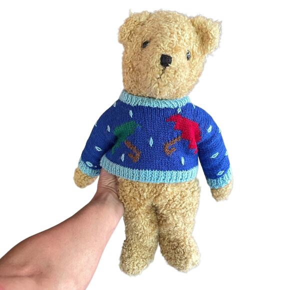 Vintage Ty Classic Bear Plush 1990 Curly Tan Blue Sweater w/ Umbrella Stuffed - Picture 2 of 14